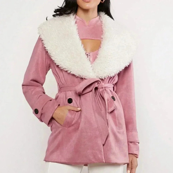 . Jackets & Blazers - Pink Casual Womens Borg Collar Belted Coat